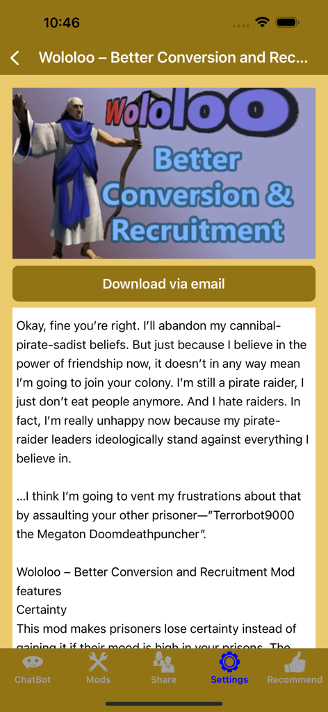 RimW - Game Mods (RW, Rim) - RimWアプリで、Wololoo Better Conversion and Recruitment MODの詳細とダウンロードボタンを表示する画面。