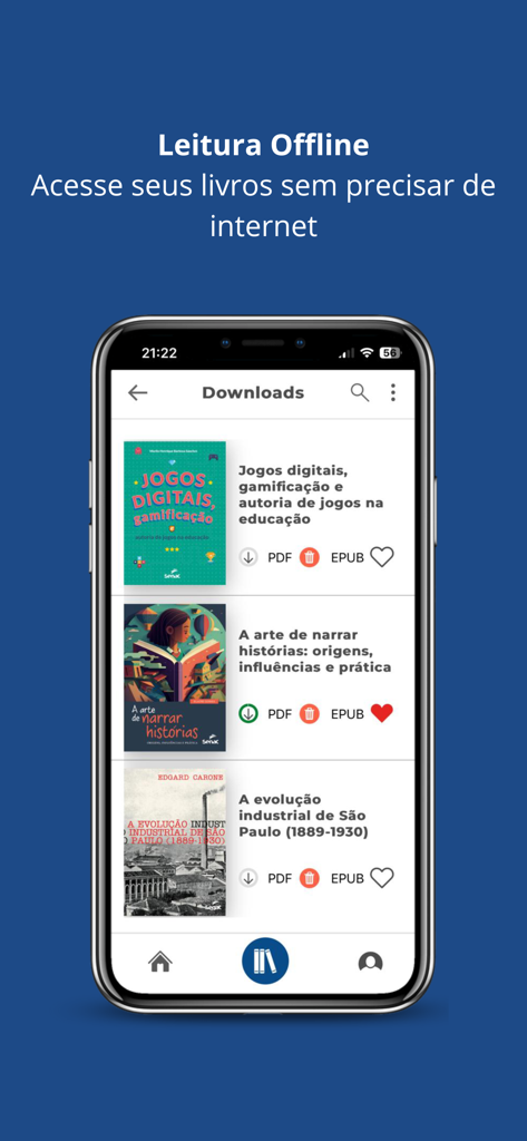 Biblioteca Digital Senac - Smartphone screen showing the Biblioteca Digital Senac app downloads section for offline reading.