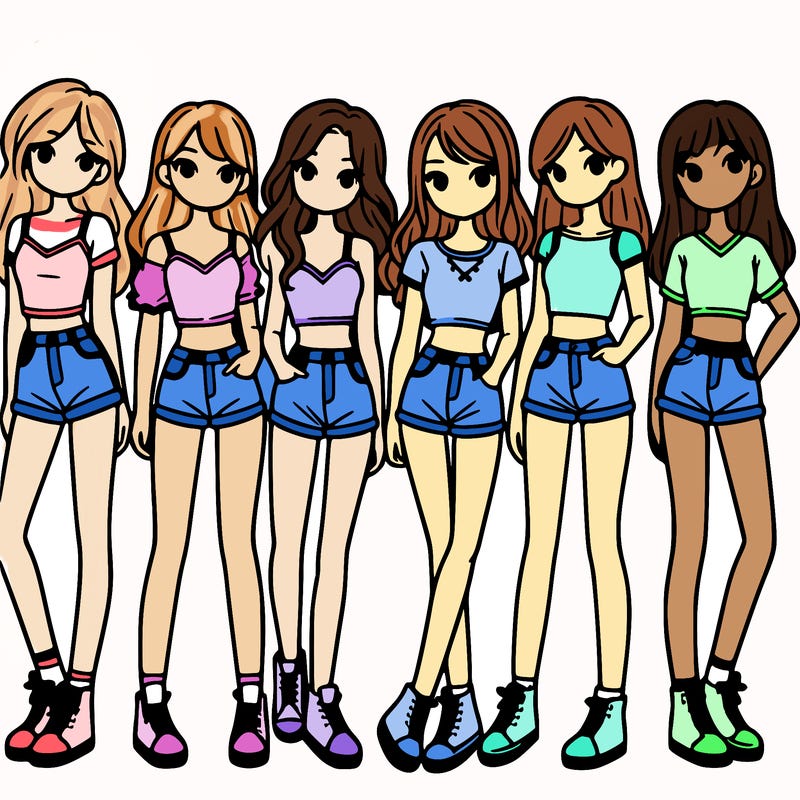 a group of girls wearing crop tops and shorts