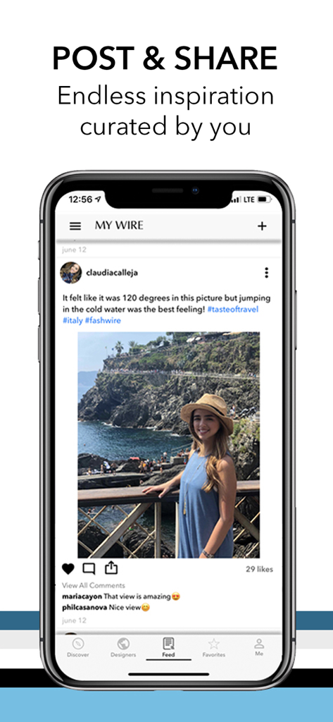 Screenshot of FashWire app MyWire social feed showing a user post with a photo and comments