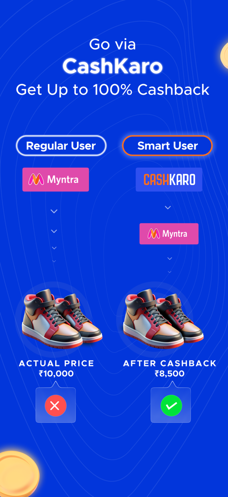 CashKaro - Cashback & Coupons - Visual comparison showing price savings when shopping via CashKaro versus regular shopping