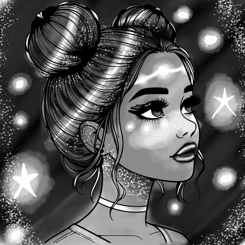 realistic girl with buns on the top of her head