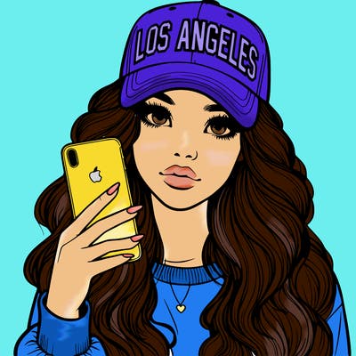 realistic beautiful girl wearing los ángeles cap holding an iphone