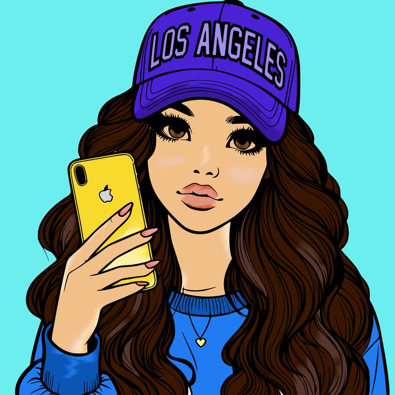 realistic beautiful girl wearing los ángeles cap holding an iphone