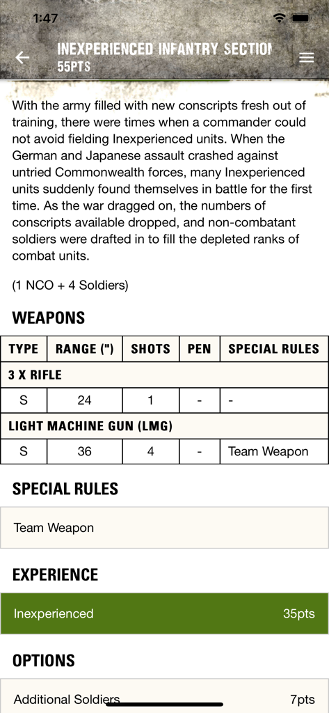 Mobile app screen showing detailed unit statistics weapons and special rules for an infantry section in a wargame