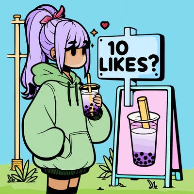girl with oversized hoodie drinking boba and she has a high ponytail with a sign that says 10likes?