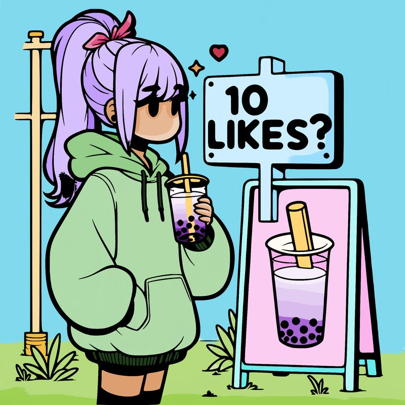 girl with oversized hoodie drinking boba and she has a high ponytail with a sign that says 10likes?