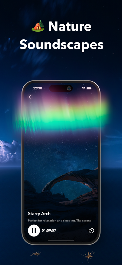 Thunderstorm Sleep Sounds - iPhone screen showing the Nook app playing a Starry Arch nature soundscape with aurora visuals and a sleep timer