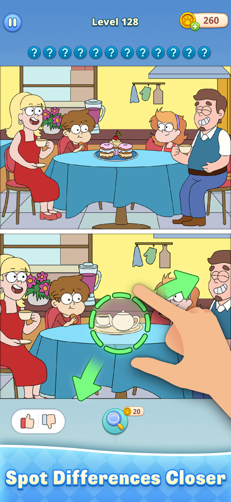 Capture d'écran du niveau de jeu 128 de Fun Differences montrant une famille de dessins animés à table avec une main démontrant la fonction zoom pour trouver les différences