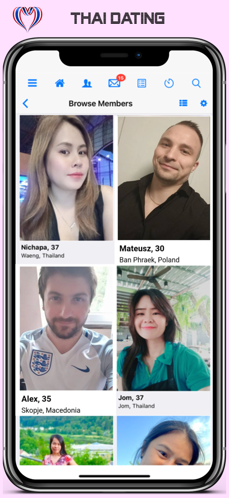 Thaikisses Thai Dating - Captura de pantalla de la pantalla de navegación de miembros de la aplicación Thaikisses que muestra fotos de perfil de hombres y mujeres de diferentes países.