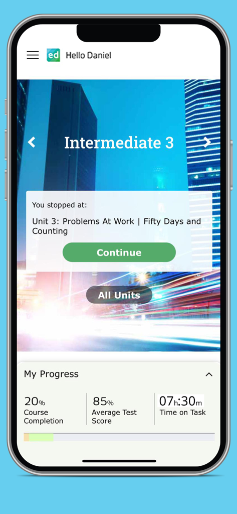 English Discoveries mobile app dashboard showing course progress and student test scores.