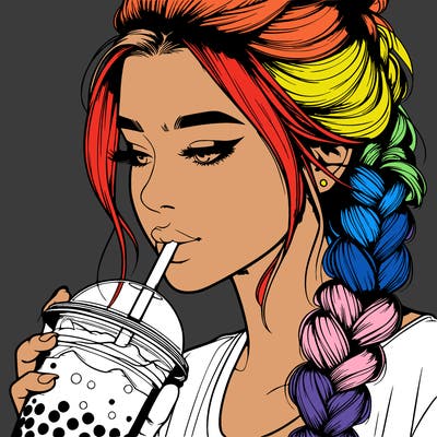 realistic girl drinking boba tea with braided hair