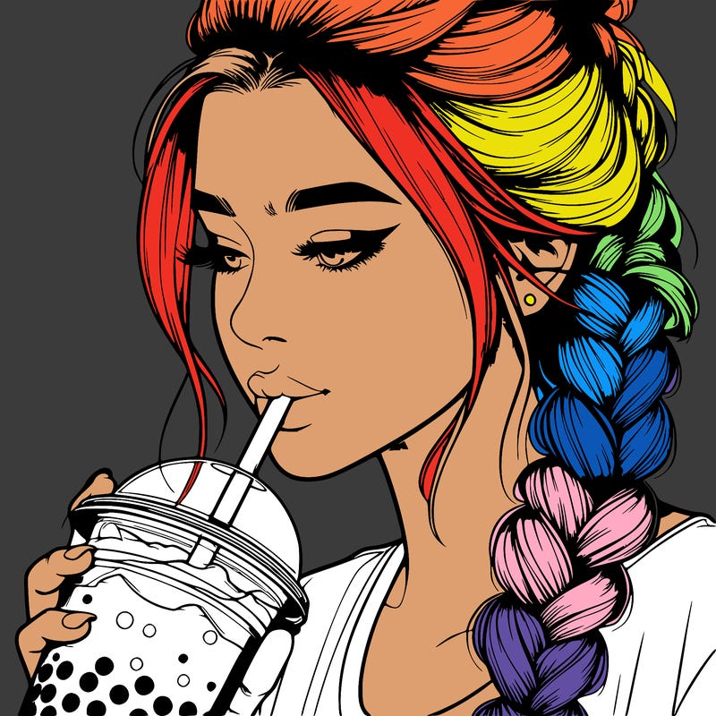 realistic girl drinking boba tea with braided hair
