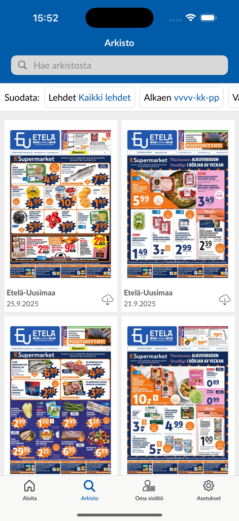 EU Uutiset - Etelä-Uusimaa - Digital newspaper archive view in the EU Uutiset mobile app.