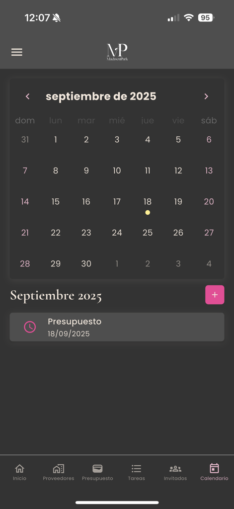 Madison Park app interface showing a monthly wedding planning calendar with scheduled budget tasks