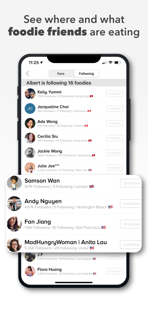YUMMI: Restaurant & Food Diary - Pantalla móvil que muestra una lista de foodies seguidos de ciudades globales en la aplicación Yummi