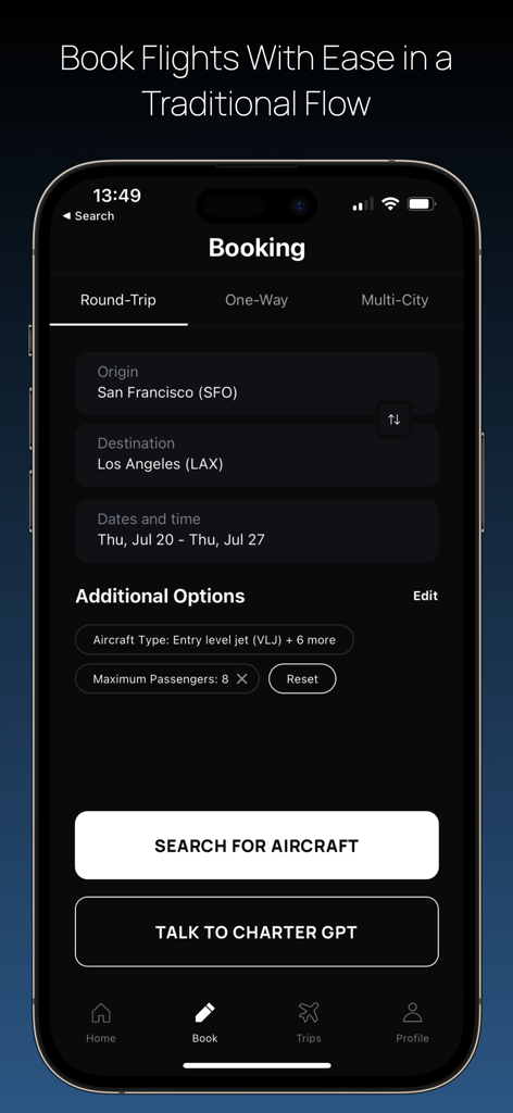 CharterGPT - Interface of the CharterGPT app showing round-trip private jet booking from San Francisco to Los Angeles