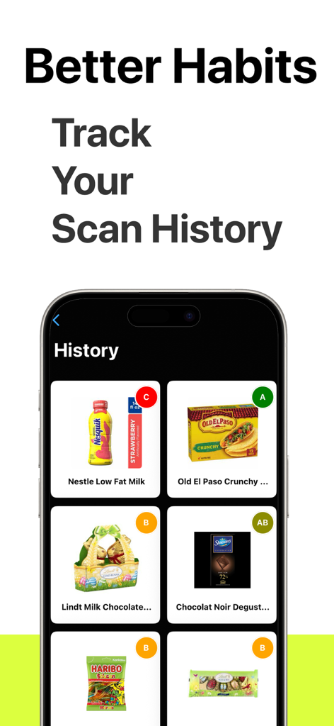 Yucca App Food Scanner - Pantalla de la aplicación Yucca mostrando un historial de productos alimenticios escaneados con calificaciones de salud y notas.