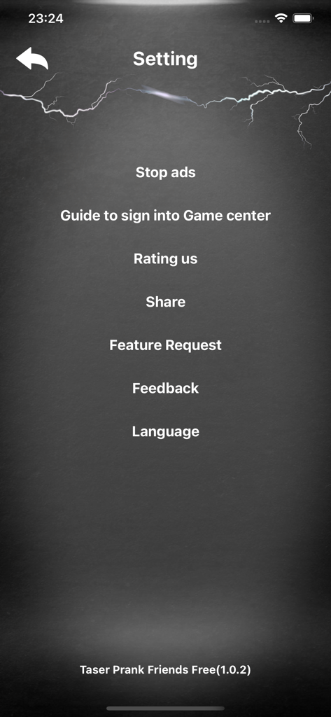 Prank Shock Friends - The settings menu of the Prank Shock Friends app with a dark lightning themed background