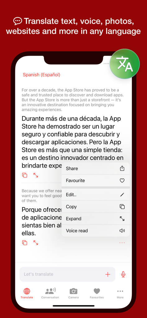 Interfaz móvil de la aplicación Tap Translate que muestra una traducción de texto del inglés al español con un menú para compartir, copiar y leer en voz alta.