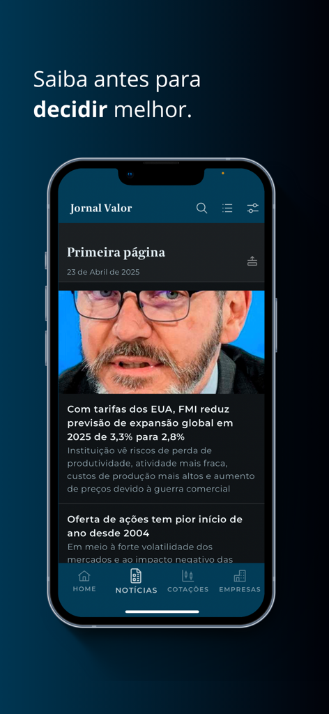 금융 뉴스 및 시장 헤드라인을 보여주는 Valor PRO 모바일 앱 홈 화면