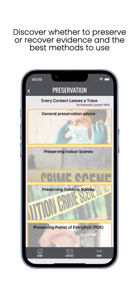 Crime Scene Assistant - Pantalla de la aplicación Asistente de Escena del Crimen que muestra consejos de preservación forense para escenas interiores y exteriores