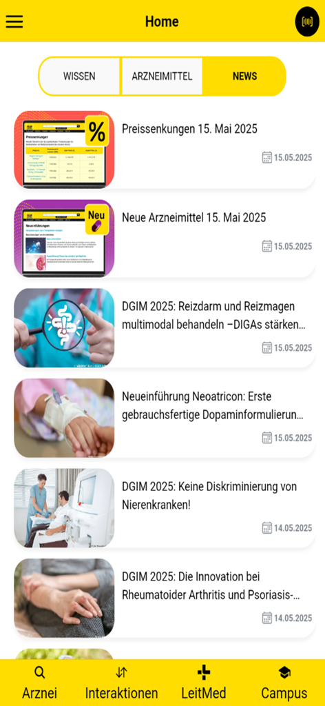 The news section of the Gelbe Liste Pharmindex app featuring medical updates and pharmaceutical information