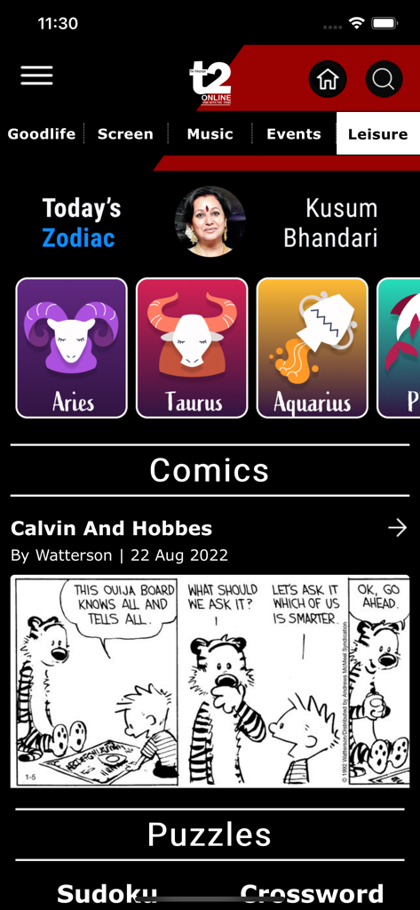t2 online - Leisure section of t2 online app displaying daily zodiac horoscopes and comics.