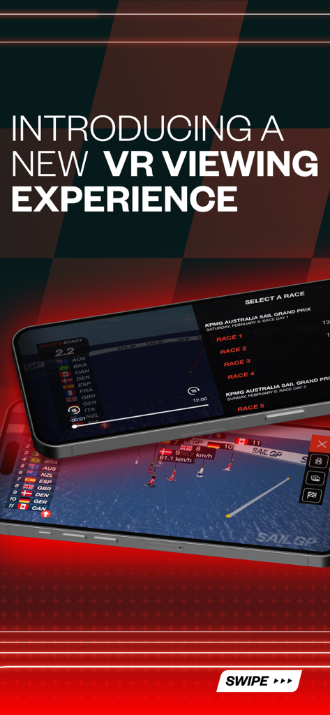 A smartphone display showing the SailGP app new VR viewing experience for sailing races with real time data overlays
