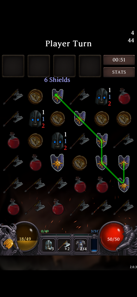 A gameplay screenshot of Dungeon Tracer showing a player connecting shield tiles on a grid in a dark fantasy themed puzzle RPG