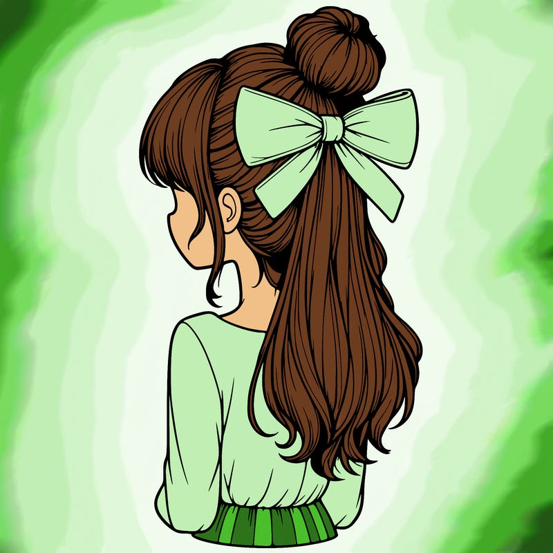 realistic girl  with hip length hair a bun and a big bow on the back of head