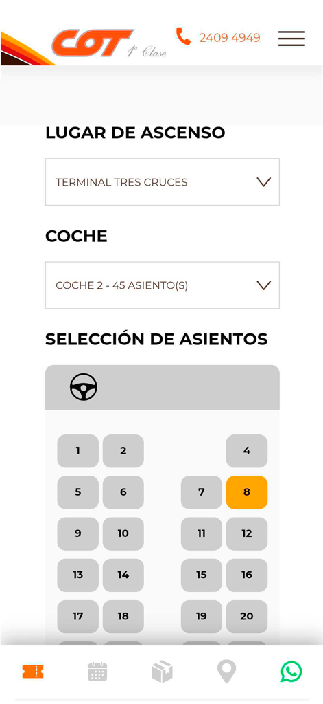 Mobile screen of COT bus app showing seat selection map and boarding point selection