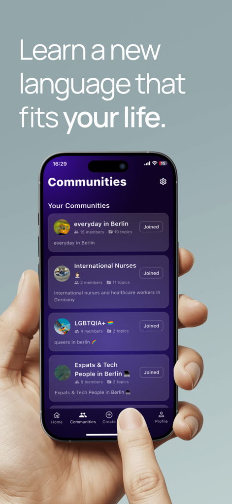 OGIMA Social Language Learning - Smartphone interface of the OGIMA app showing various interest-based language learning communities like International Nurses and Expats in Berlin.