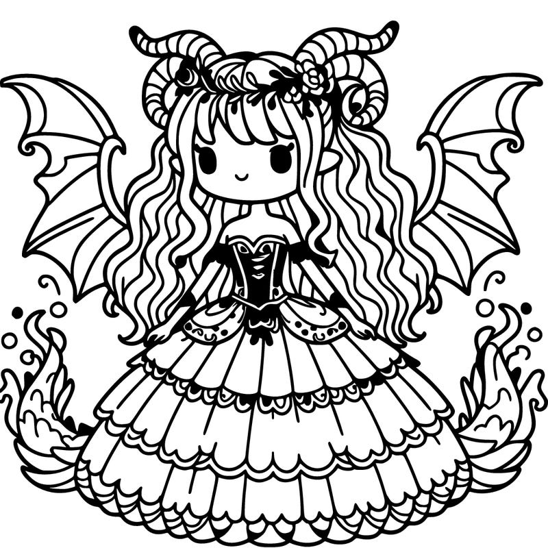a girl wearing a mythical dress with dragon wings, tail, and horns