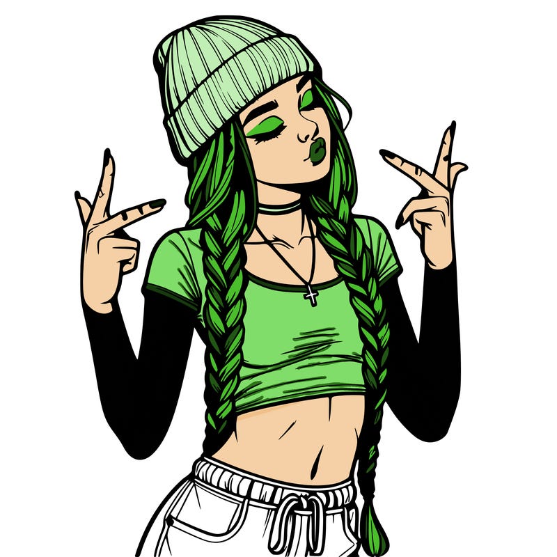 realistic teenage girl with braids and a beanie and crop top doing 🫶🏼