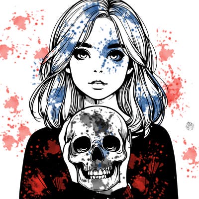 realistic girl holding a skull