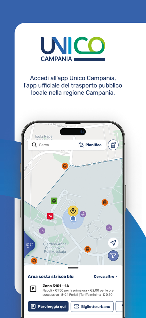 UNICO Campania app - UNICO Campania App Kartenoberfläche, die öffentliche Nahverkehrsoptionen und Parkinformationen in Neapel, Italien, anzeigt