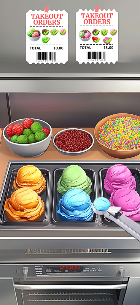 Cooking Fun®: Food Games - Vista di gioco di una gelateria con palline colorate e biglietti per ordini in Cooking Fun.