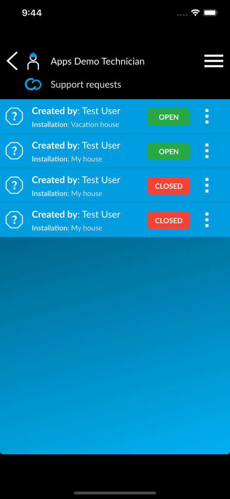 CONNECT SetUp - Pantalla de la aplicación CAME CONNECT SetUp que muestra una lista de solicitudes de soporte técnico con estados abierto y cerrado