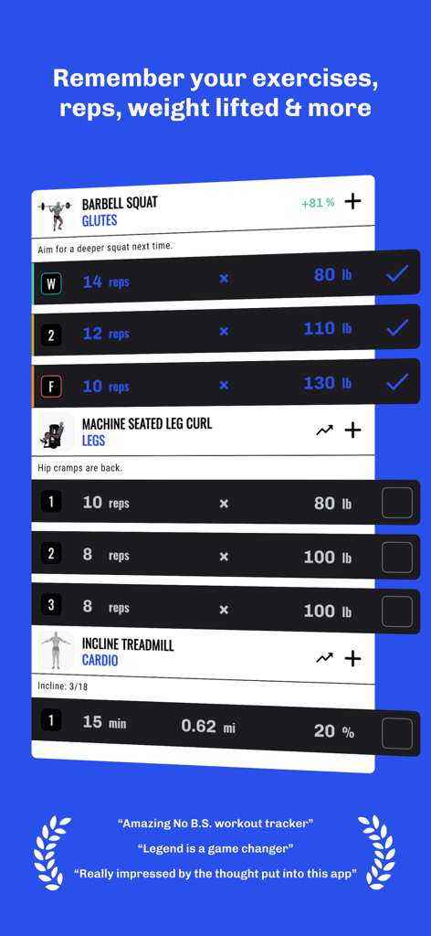 Gym Log Workout Tracker LEGEND - Interfaz de la aplicación de entrenamiento Legend que muestra series registradas para sentadillas con barra y curl de piernas con repeticiones y pesas