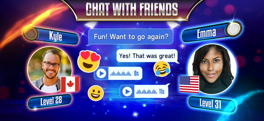 Interfaz de la aplicación móvil Backgammon Legends mostrando chat en tiempo real y funciones de interacción social entre jugadores