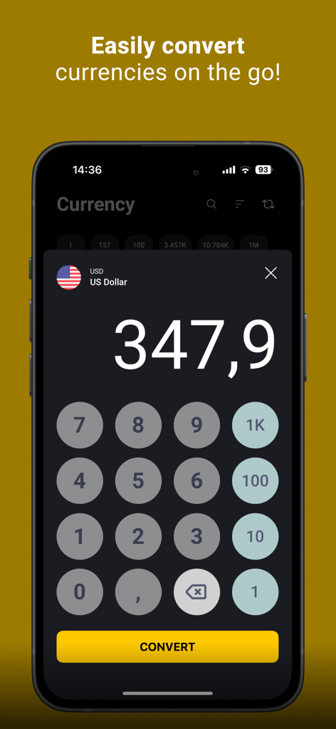 My Currency converter · - Tela de smartphone mostrando o aplicativo Money Converter Pro com um teclado numérico para converter dólares americanos
