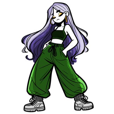 girl in baggy pants crop top and long hair