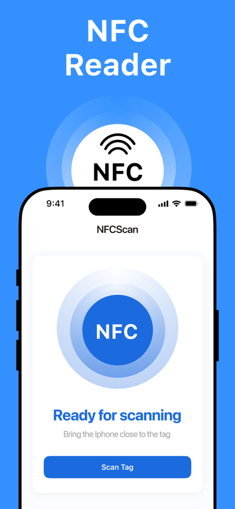 NFC Tools: Tag Writer, Reader - NFC reader app interface on an iPhone displaying a scan tag button