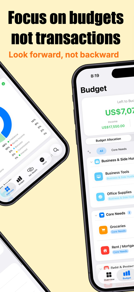 Wealth - All in One Tracker - Interfaccia di budget dell'app Wealth che mostra le categorie di entrate e spese per esigenze aziendali e personali.