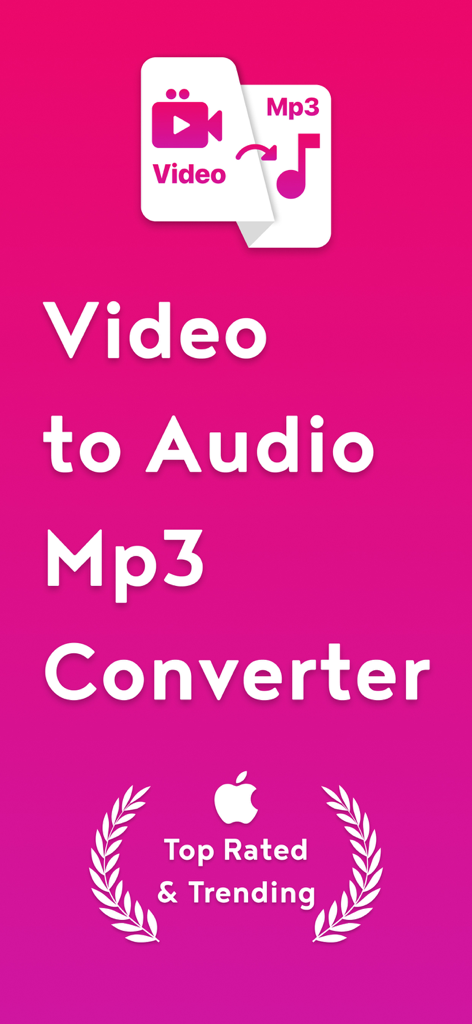 ClipTube: Video to MP3 Maker - Pantalla de presentación de ClipTube Video to Audio Mp3 Converter con insignias 'Top Rated' y 'Trending' de Apple sobre un fondo rosa