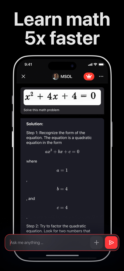 AI Math Solver Helper - Msol - AI Math Solver Helper Msol interface showing a step by step solution for a quadratic equation