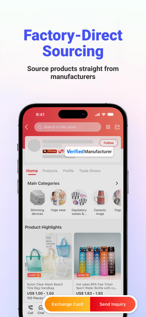 Interface móvel do aplicativo Global Sources destacando o fornecimento direto de fábrica com fabricantes verificados e categorias de produtos.