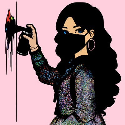 realistic girl with mask spray painting a wall