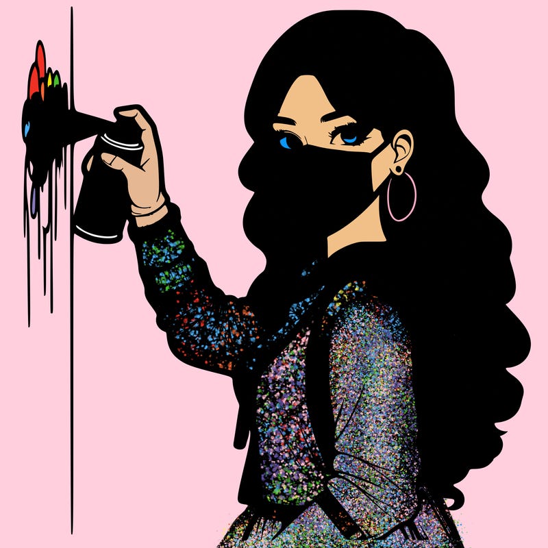 realistic girl with mask spray painting a wall